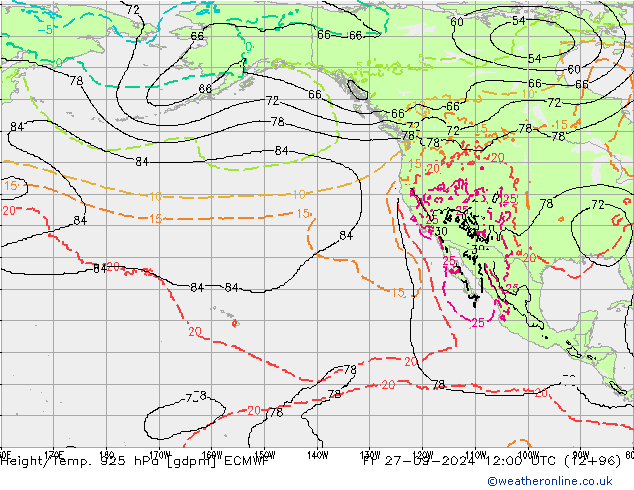 Height/Temp. 925 hPa ECMWF Fr 27.09.2024 12 UTC