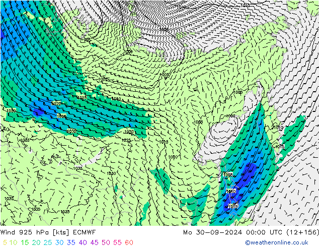 wiatr 925 hPa ECMWF pon. 30.09.2024 00 UTC