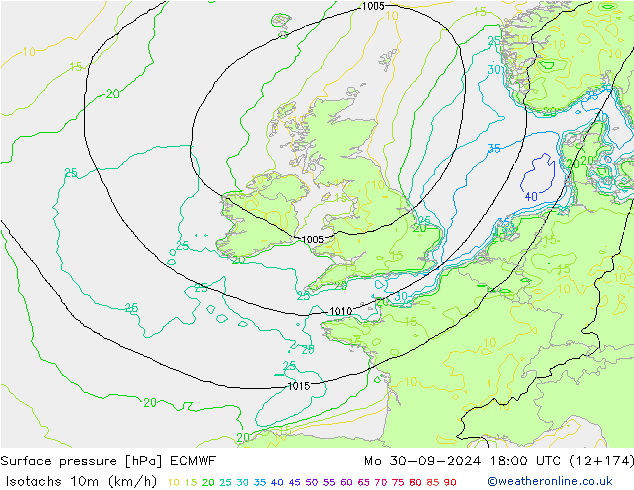 Isotachs (kph) ECMWF Mo 30.09.2024 18 UTC