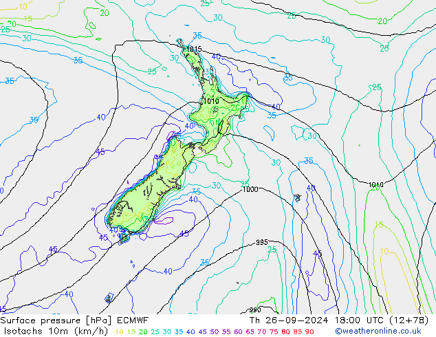 Isotachen (km/h) ECMWF do 26.09.2024 18 UTC