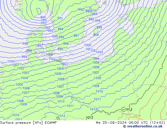 Surface pressure ECMWF We 25.09.2024 06 UTC