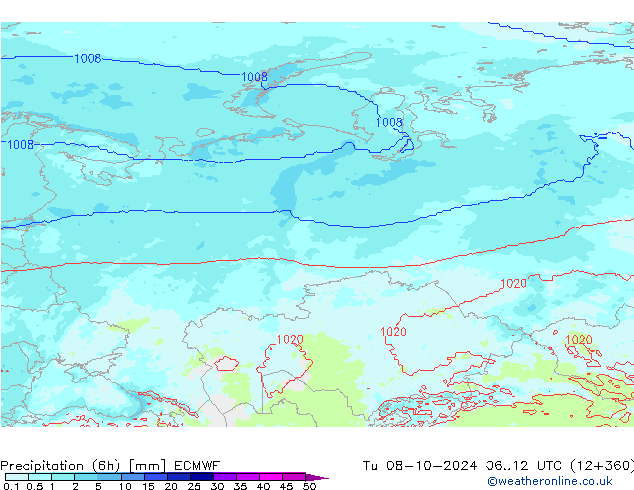 Precipitation (6h) ECMWF Tu 08.10.2024 12 UTC