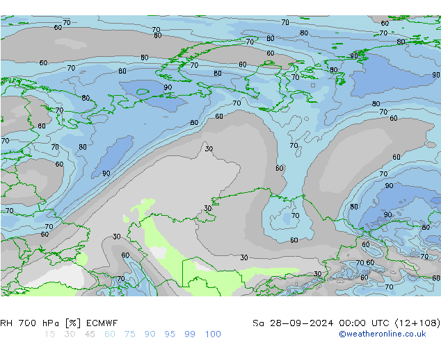 RH 700 hPa ECMWF Sáb 28.09.2024 00 UTC