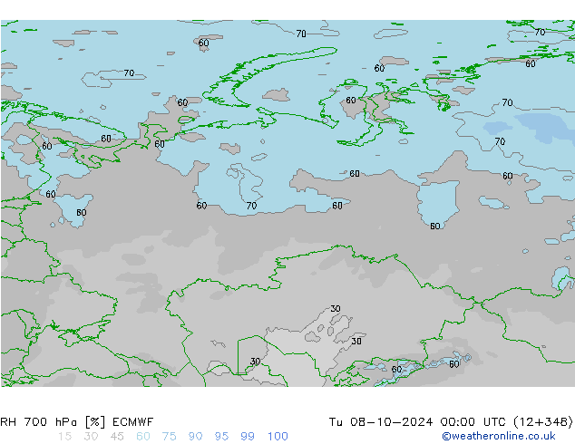 RH 700 гПа ECMWF вт 08.10.2024 00 UTC