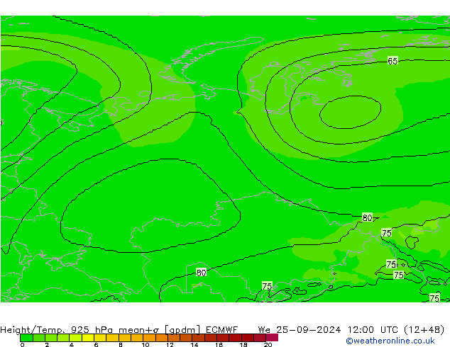 Height/Temp. 925 hPa ECMWF Mi 25.09.2024 12 UTC