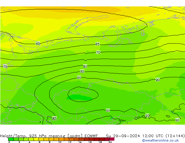 Height/Temp. 925 hPa ECMWF Ne 29.09.2024 12 UTC