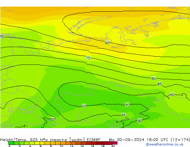 Height/Temp. 925 hPa ECMWF Mo 30.09.2024 18 UTC