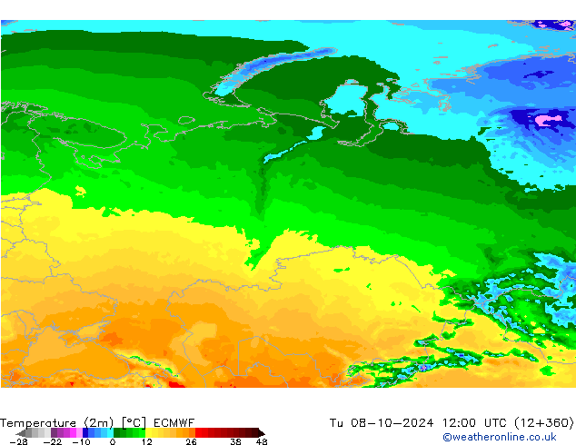 mapa temperatury (2m) ECMWF wto. 08.10.2024 12 UTC