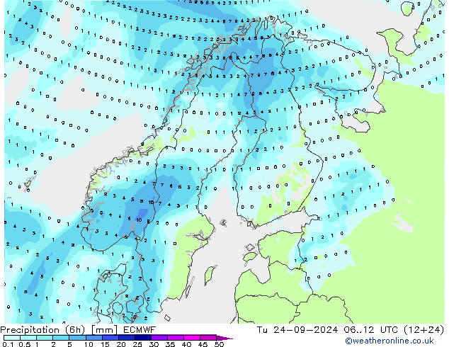 Precipitazione (6h) ECMWF mar 24.09.2024 12 UTC