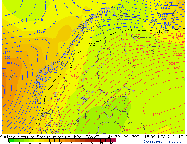 Atmosférický tlak Spread ECMWF Po 30.09.2024 18 UTC