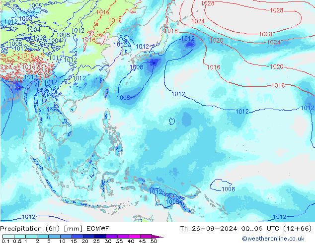 Totale neerslag (6h) ECMWF do 26.09.2024 06 UTC