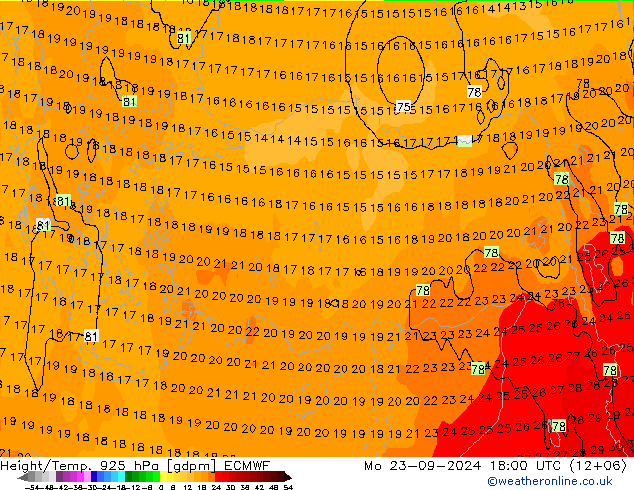 Height/Temp. 925 hPa ECMWF lun 23.09.2024 18 UTC