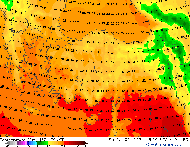 Temperature (2m) ECMWF Su 29.09.2024 18 UTC