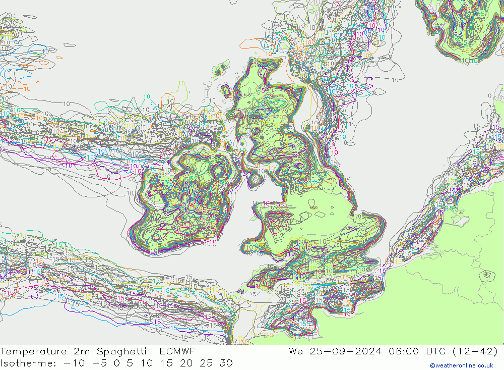 Temperatura 2m Spaghetti ECMWF mié 25.09.2024 06 UTC