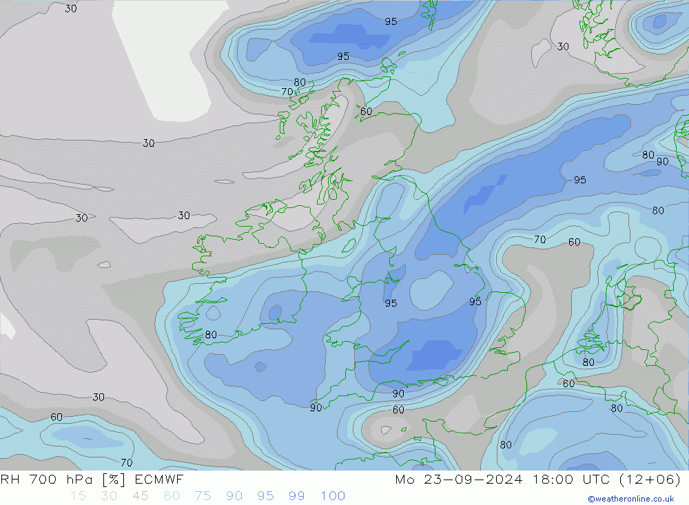 RH 700 hPa ECMWF Po 23.09.2024 18 UTC