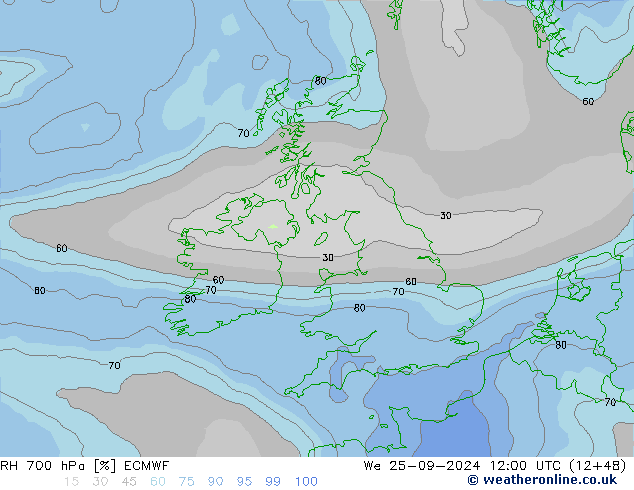 RH 700 hPa ECMWF Qua 25.09.2024 12 UTC