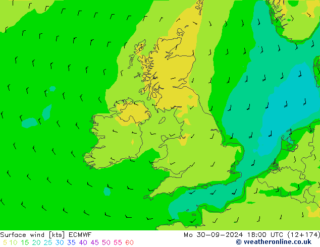 Surface wind ECMWF Mo 30.09.2024 18 UTC