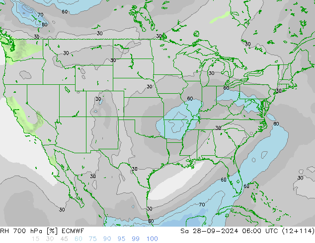 RH 700 hPa ECMWF so. 28.09.2024 06 UTC