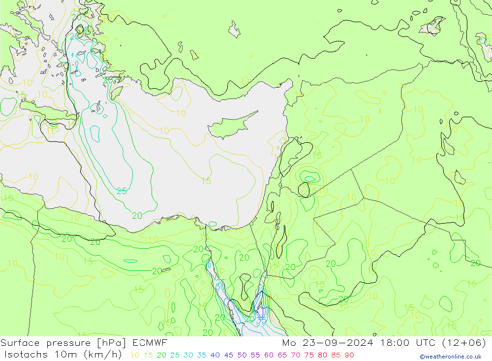 Isotachs (kph) ECMWF lun 23.09.2024 18 UTC