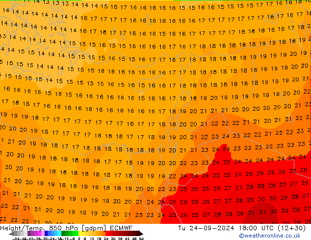 Hoogte/Temp. 850 hPa ECMWF di 24.09.2024 18 UTC