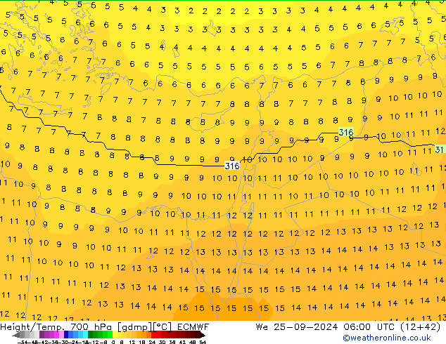 Height/Temp. 700 hPa ECMWF We 25.09.2024 06 UTC