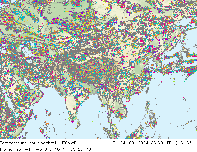 Temperature 2m Spaghetti ECMWF Út 24.09.2024 00 UTC