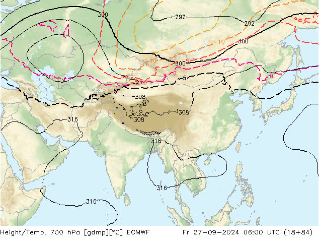 Geop./Temp. 700 hPa ECMWF vie 27.09.2024 06 UTC