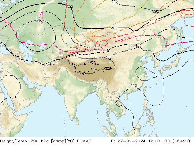 Geop./Temp. 700 hPa ECMWF vie 27.09.2024 12 UTC