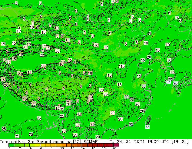 mapa temperatury 2m Spread ECMWF wto. 24.09.2024 18 UTC