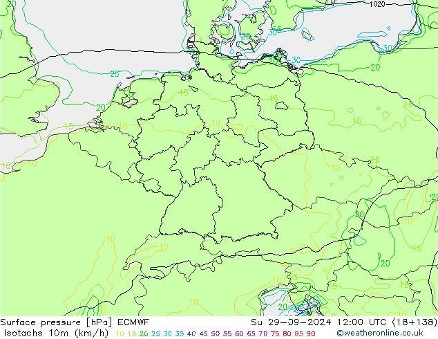 Isotachs (kph) ECMWF dom 29.09.2024 12 UTC