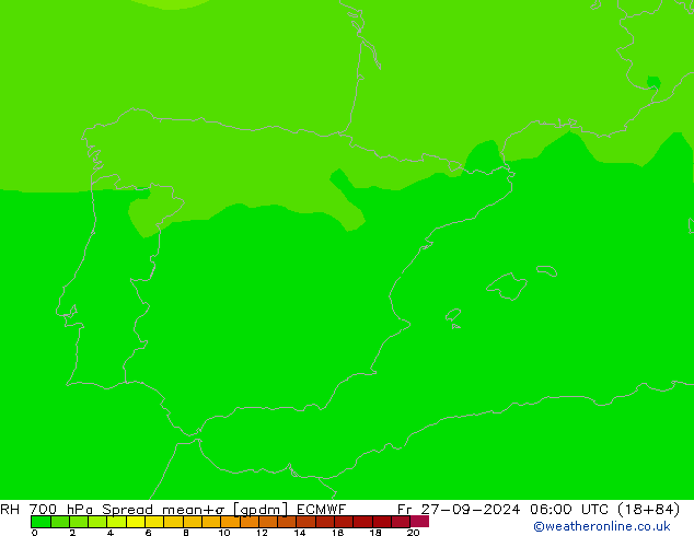 RH 700 hPa Spread ECMWF Pá 27.09.2024 06 UTC