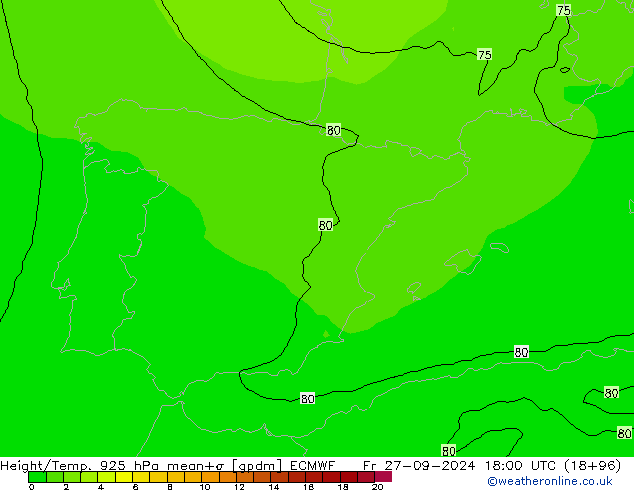 Height/Temp. 925 hPa ECMWF Fr 27.09.2024 18 UTC