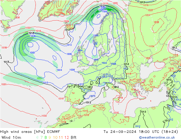 High wind areas ECMWF вт 24.09.2024 18 UTC