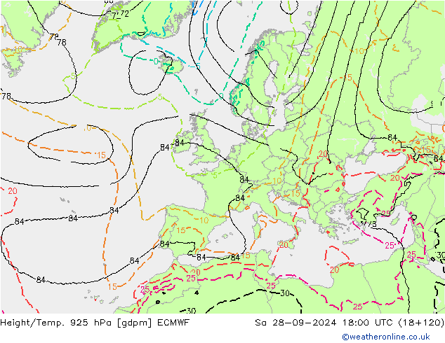 Height/Temp. 925 hPa ECMWF Sa 28.09.2024 18 UTC