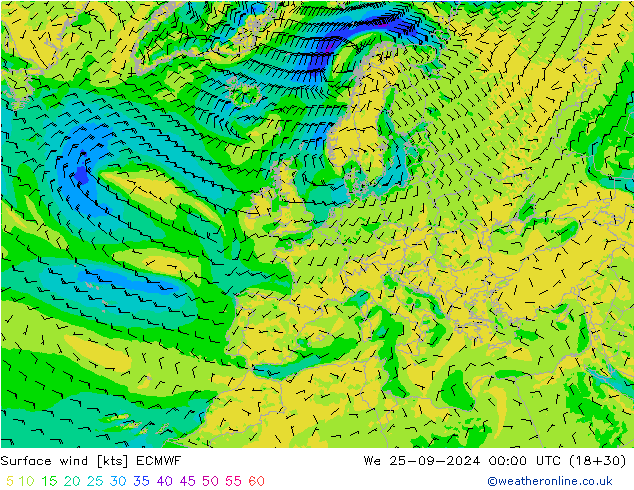 Wind 10 m ECMWF wo 25.09.2024 00 UTC