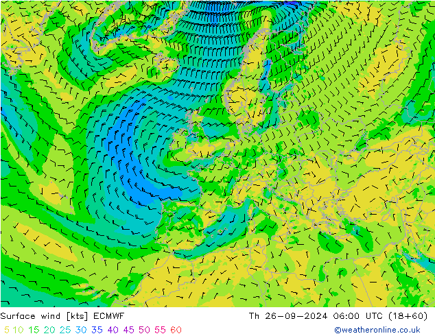 wiatr 10 m ECMWF czw. 26.09.2024 06 UTC