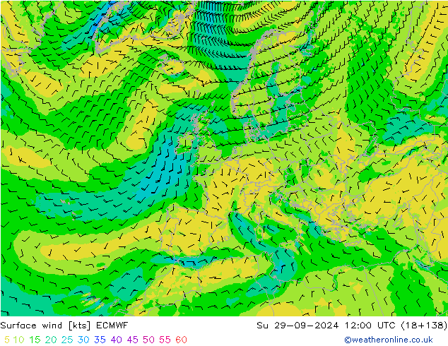 wiatr 10 m ECMWF nie. 29.09.2024 12 UTC