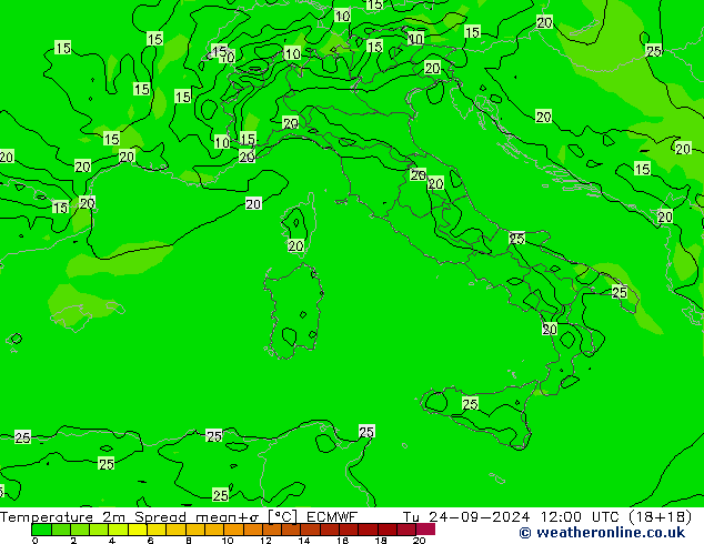 карта температуры Spread ECMWF вт 24.09.2024 12 UTC