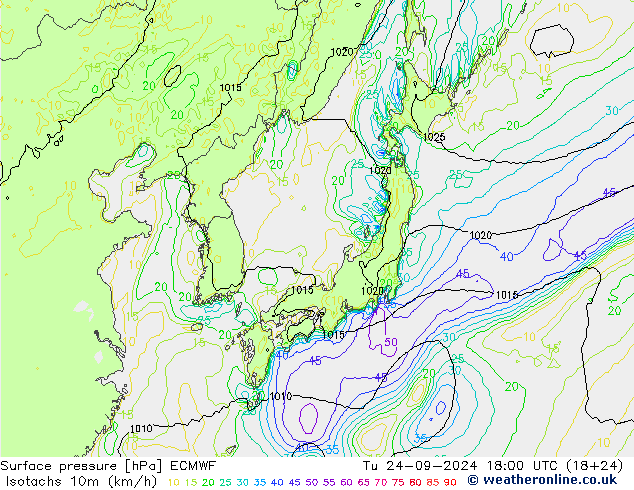 Isotachen (km/h) ECMWF di 24.09.2024 18 UTC