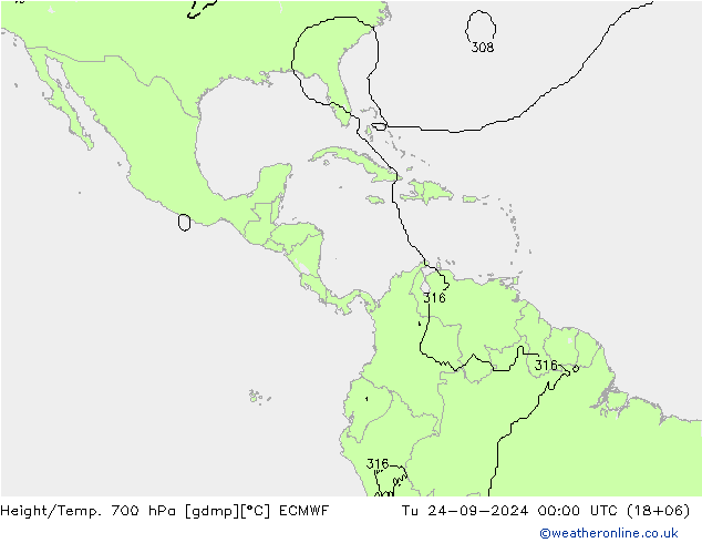 Height/Temp. 700 hPa ECMWF Di 24.09.2024 00 UTC