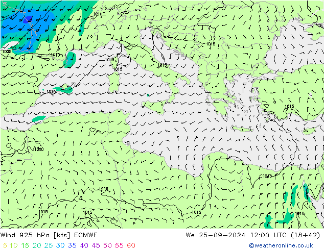 Vent 925 hPa ECMWF mer 25.09.2024 12 UTC