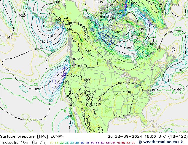 Isotachs (kph) ECMWF  28.09.2024 18 UTC