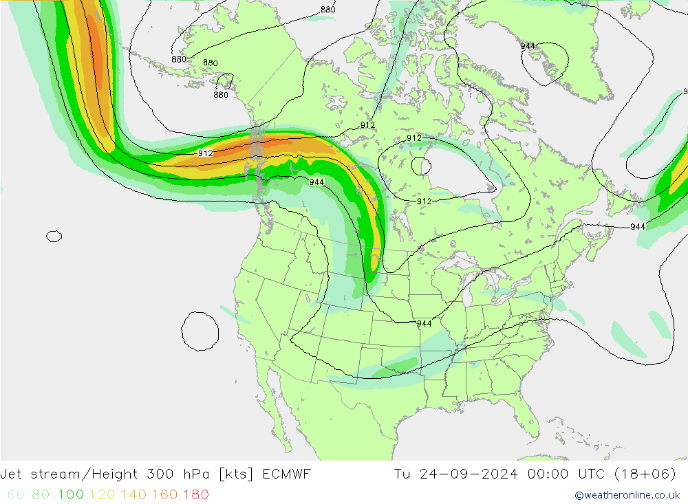 Jet stream/Height 300 hPa ECMWF Út 24.09.2024 00 UTC