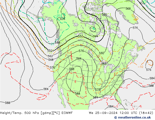 Height/Temp. 500 hPa ECMWF St 25.09.2024 12 UTC