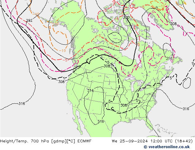 Height/Temp. 700 hPa ECMWF St 25.09.2024 12 UTC