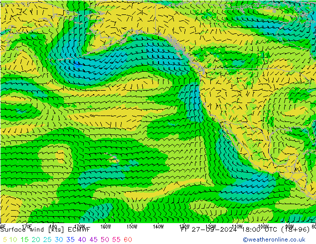 wiatr 10 m ECMWF pt. 27.09.2024 18 UTC