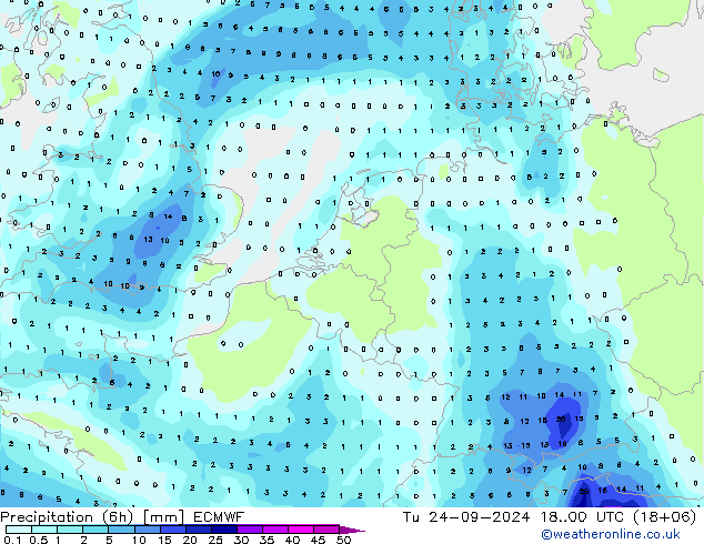 Nied. akkumuliert (6Std) ECMWF Di 24.09.2024 00 UTC