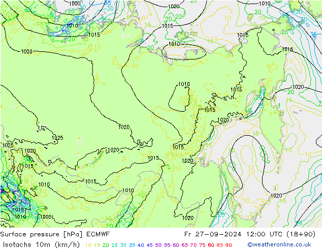 Isotachs (kph) ECMWF  27.09.2024 12 UTC