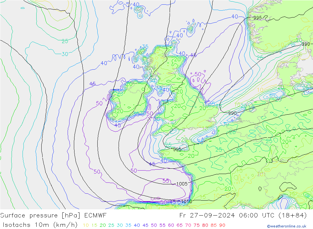 Isotachs (kph) ECMWF ven 27.09.2024 06 UTC