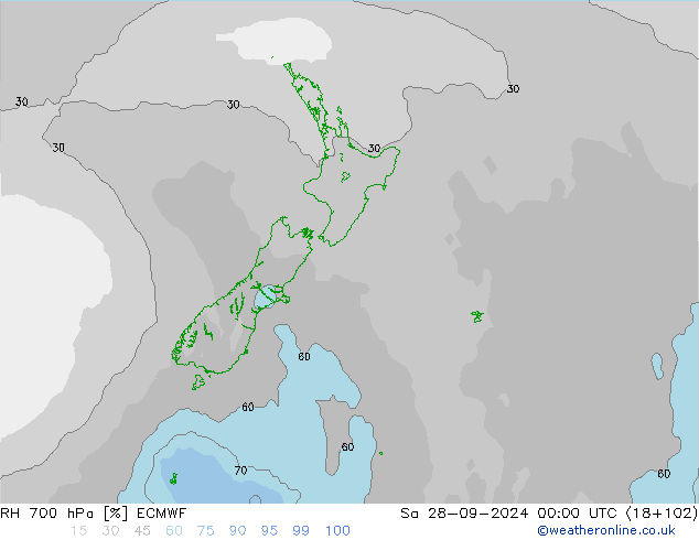 RH 700 hPa ECMWF Sa 28.09.2024 00 UTC